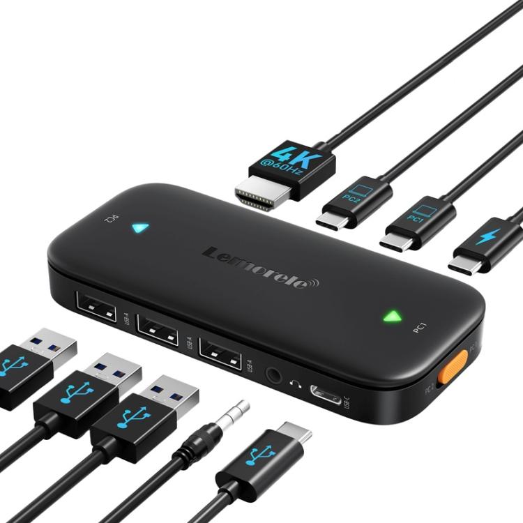 Lemorele KVM-kytkin H200 USB-C, HDMI 4K 60 Hz ja 100 W PD / USB-C-kytkin / Tietokonekytkin