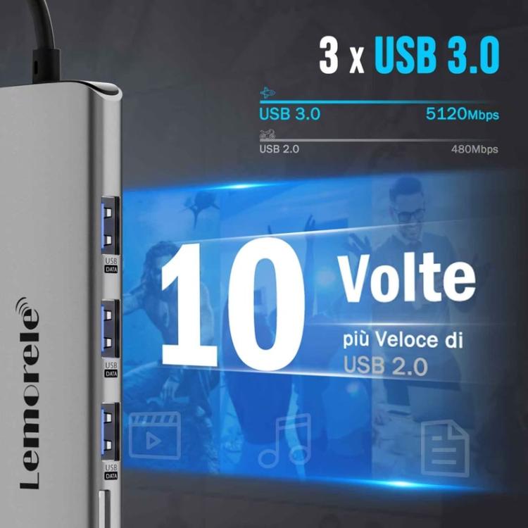 Lemorele TC38L 8-in-1 -telakointiasema, jossa on HDMI, Gigabit Ethernet ja PD-lataus / PC-hubi / Telakointiasema