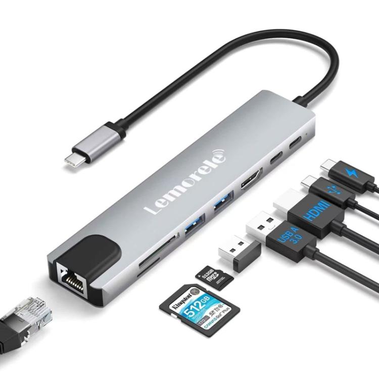 Lemorele TC19L Plus 8-in-1 -telakointiasema, jossa on HDMI 4K, Ethernet ja 100 W PD / USB-keskitin / USB-telakka