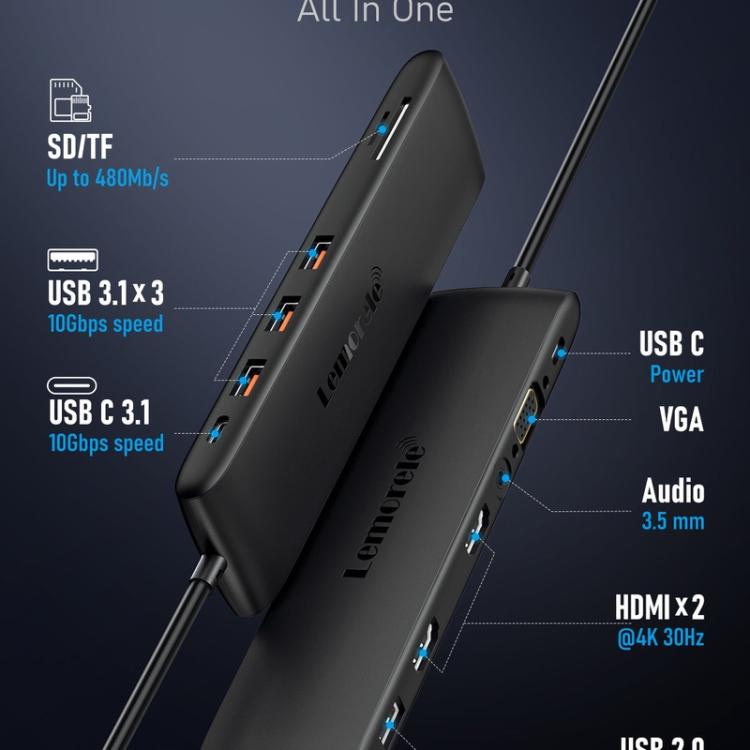 Lemorele TC97 USB-C -telakointiasema, jossa on HDMI 4K, Gigabit Ethernet ja PD-lataus / PC-telakka / Hubi