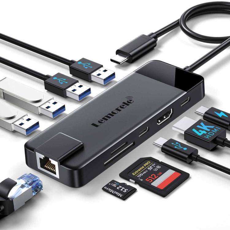 Lemorele TC93 10-in-1 -telakointiasema, jossa on HDMI, Gigabit Ethernet ja PD-lataus / Telakointi / USB-keskitin