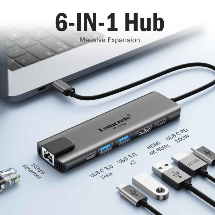 Lemorele TC44L USB-C -telakointiasema 6-in-1 – 4K HDMI, SD/TF-kortinlukija ja 100 W PD