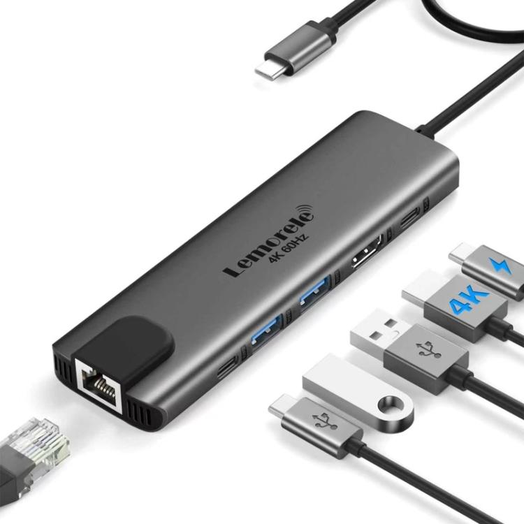 Lemorele TC44L 6-in-1-telakointiasema, jossa HDMI 4K, kortinlukija ja 100 W:n PD / USB-C-keskitin / PD-telakointiasema