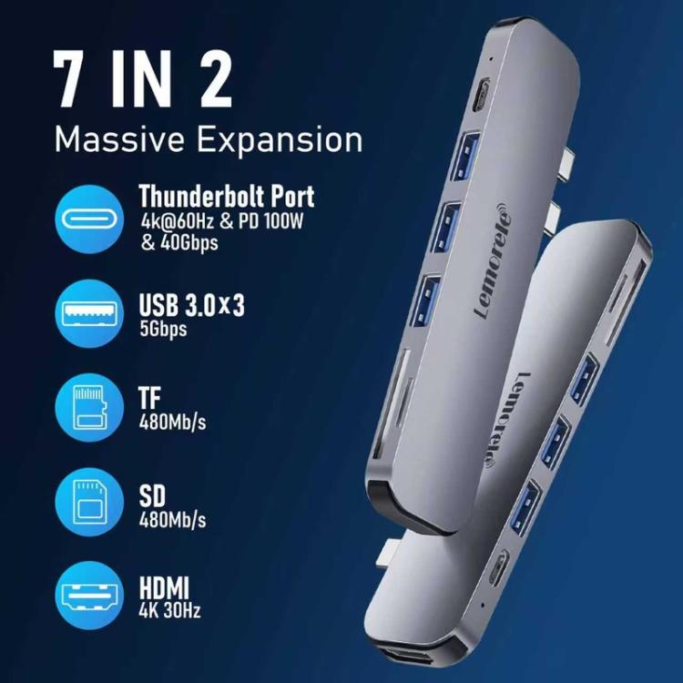Lemorele TC52 7-in-2 -telakointiasema, HDMI 4K ja 100 W PD / USB-C-keskitin / Moniporttinen sovitin