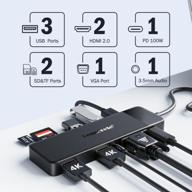 Lemorele TC94 10-in-1-telakointiasema, jossa on kaksi HDMI-liitäntää, VGA ja 100 W PD / USB-C-telakointiasema / AV-keskitin