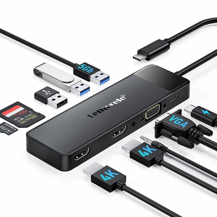 Lemorele TC94 10-in-1-telakointiasema, jossa on kaksi HDMI-liitäntää, VGA ja 100 W PD / USB-C-telakointiasema / AV-keskitin