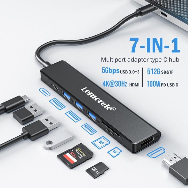 Lemorele TC90 7-in-1-telakointiasema, HDMI 4K, Gigabit Ethernet ja 100 W PD / USB-telakka / jakaja