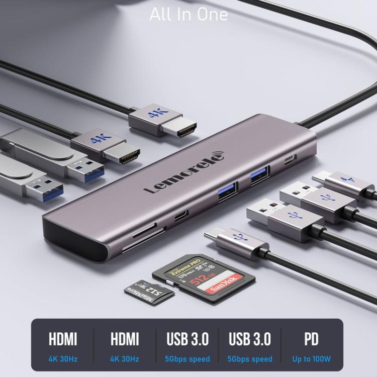 Lemorele TC91 USB-C -telakointiasema kolmelle näytölle, Ethernet-liitännällä ja 100 W:n PD-latausominaisuudella / USB-telakointiasema / Hub