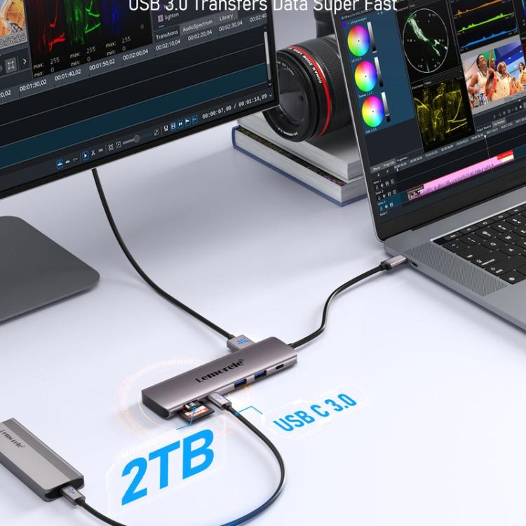 Lemorele TC91 USB-C -telakointiasema kolmelle näytölle, Ethernet-liitännällä ja 100 W:n PD-latausominaisuudella / USB-telakointiasema / Hub