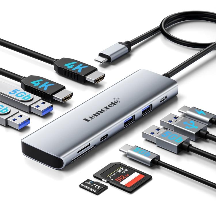 Lemorele TC91 USB-C -telakointiasema kolmelle näytölle, Ethernet-liitännällä ja 100 W:n PD-latausominaisuudella / USB-telakointiasema / Hub
