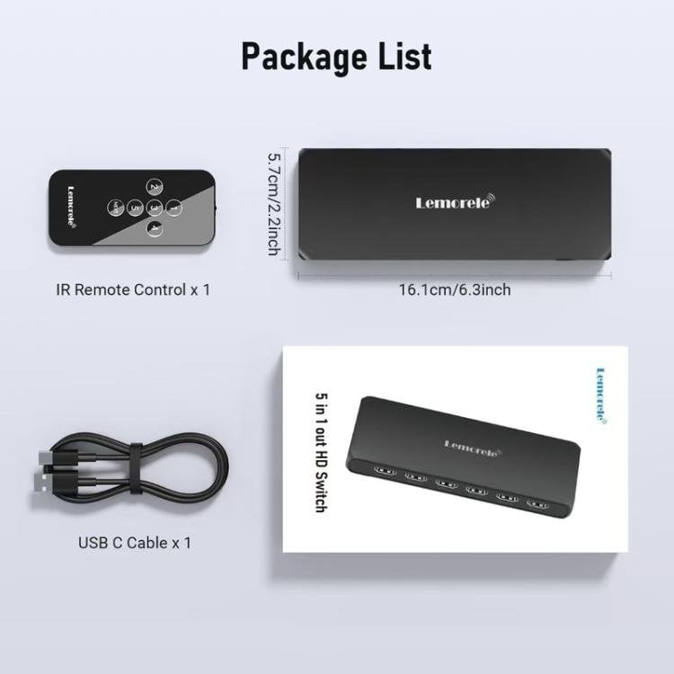 Lemorele HDMI-kytkin G96, 5 tuloa ja 1 lähtö, 4K, kaukosäätimellä / HDMI-kytkin / 5-porttinen kytkin