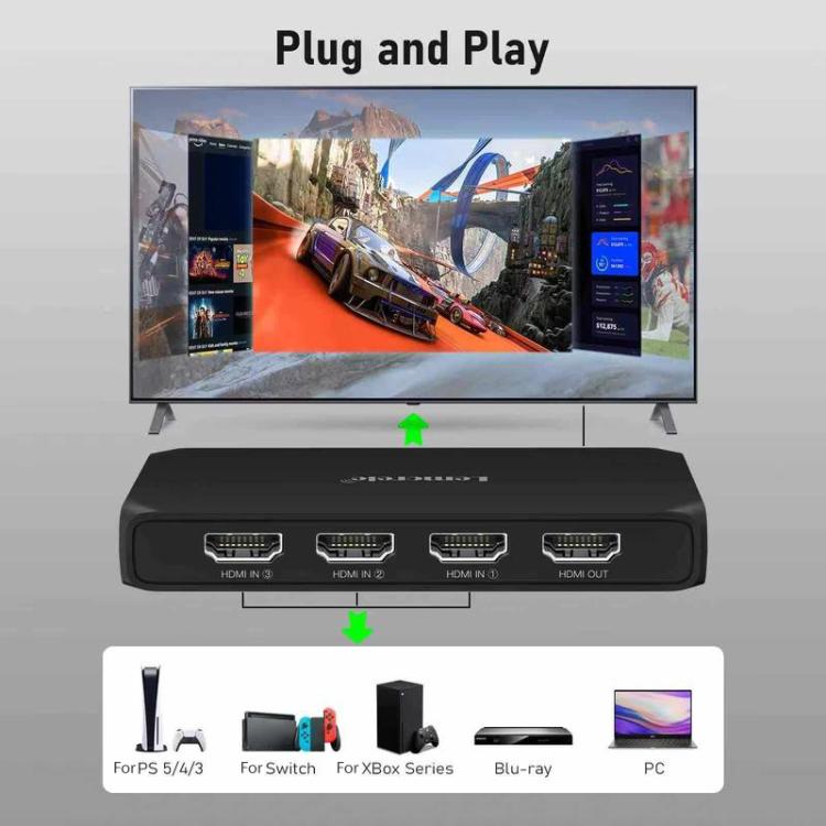 Lemorele HDMI-kytkin G99, 3 tuloa ja 1 lähtö, 4K 60 Hz, kaukosäädin mukana / HDMI-kytkin / 3-porttinen kytkin