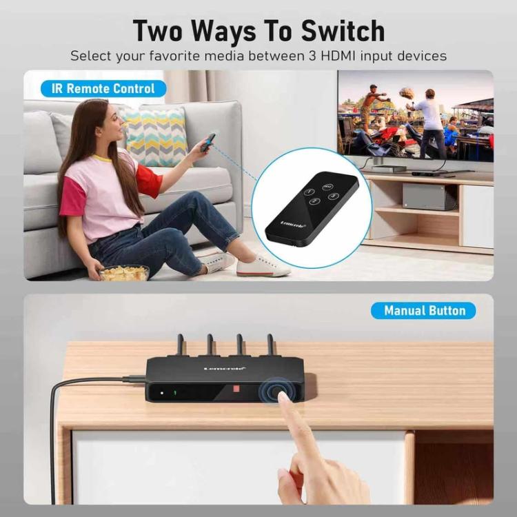 Lemorele HDMI-kytkin G99, 3 tuloa ja 1 lähtö, 4K 60 Hz, kaukosäädin mukana / HDMI-kytkin / 3-porttinen kytkin