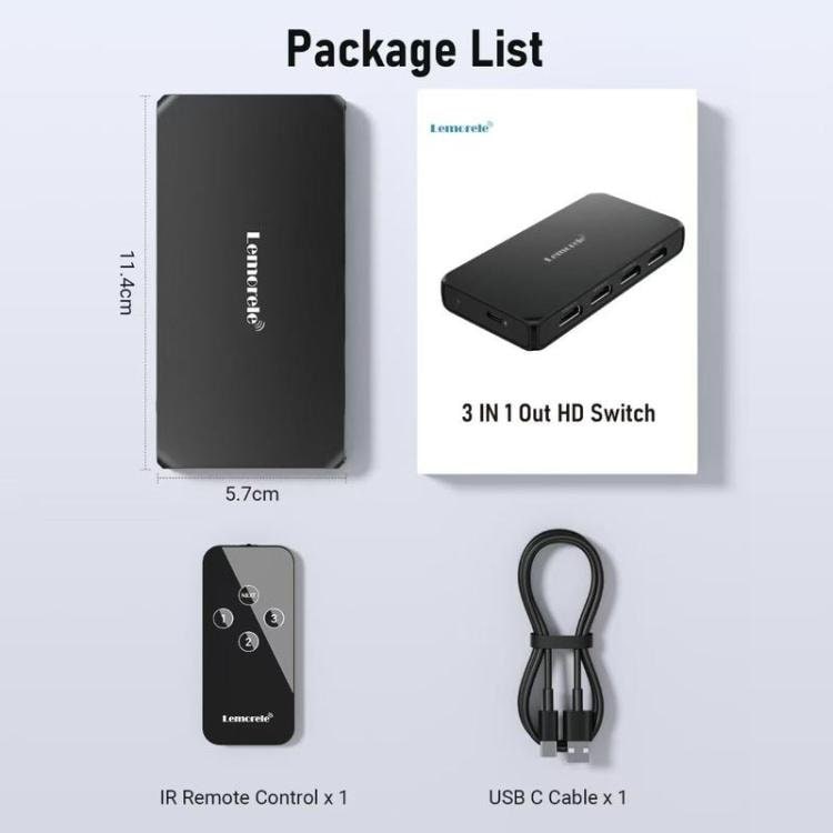 Lemorele HDMI-kytkin G99, 3 tuloa ja 1 lähtö, 4K 60 Hz, kaukosäädin mukana / HDMI-kytkin / 3-porttinen kytkin