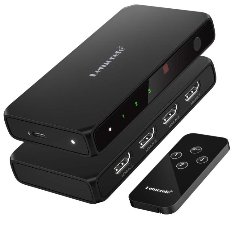 Lemorele HDMI-kytkin G99, 3 tuloa ja 1 lähtö, 4K 60 Hz, kaukosäädin mukana / HDMI-kytkin / 3-porttinen kytkin