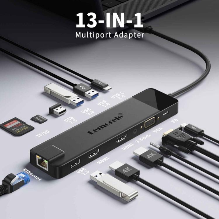 Lemorele TC100 13-in-1-telakointiasema, jossa on HDMI, Gigabit Ethernet ja PD-lataus / Telakka / Hubi