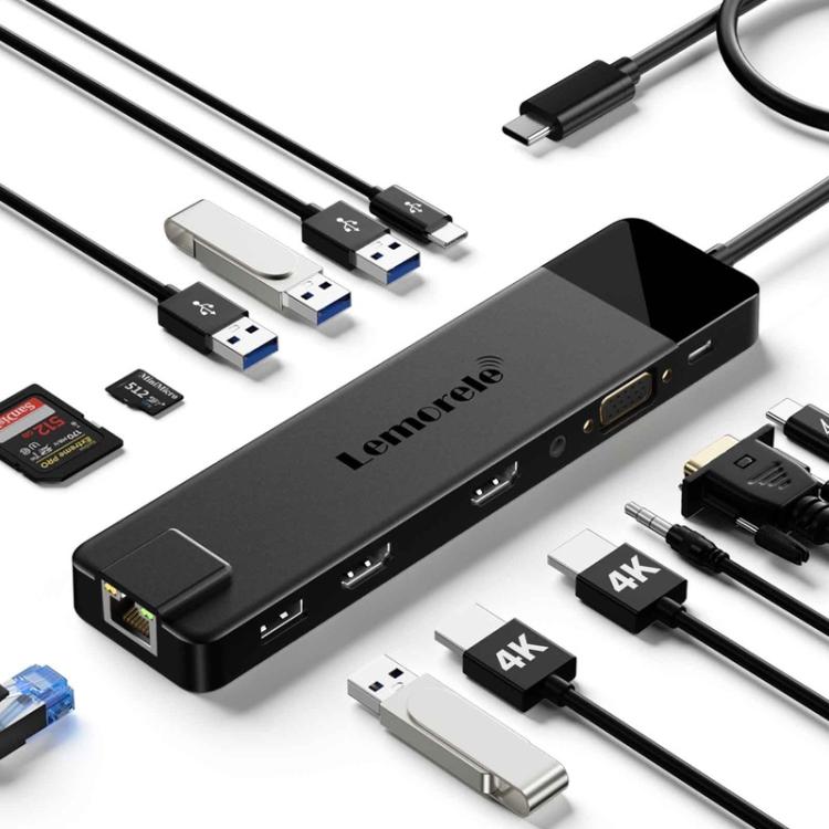 Lemorele TC100 13-in-1-telakointiasema, jossa on HDMI, Gigabit Ethernet ja PD-lataus / Telakka / Hubi