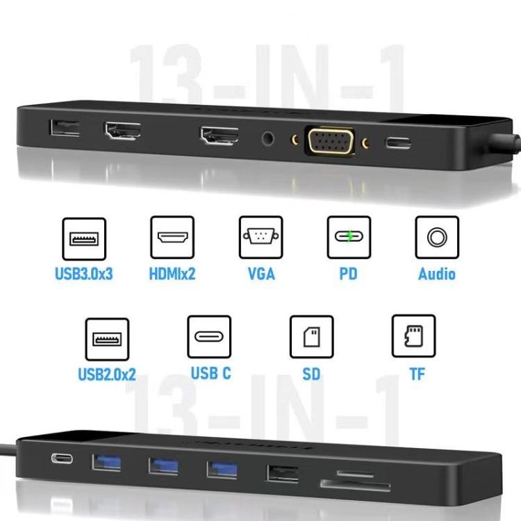 Lemorele TC200 13-in-1-telakointiasema, jossa on HDMI, VGA ja useita liitäntöjä / USB-C-keskitin / Multidock