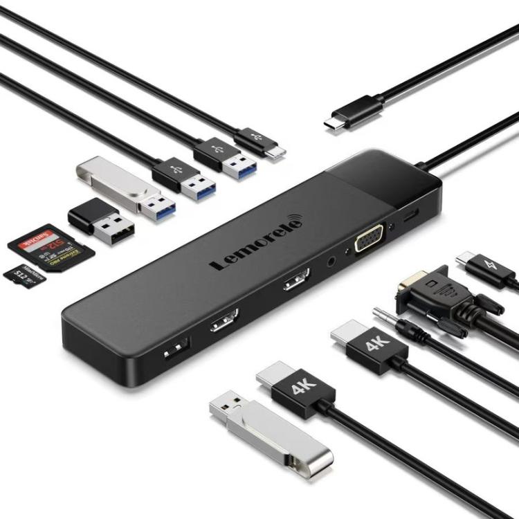 Lemorele TC200 13-in-1-telakointiasema, jossa on HDMI, VGA ja useita liitäntöjä / USB-C-keskitin / Multidock