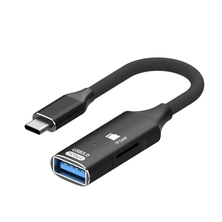 USB-C-OTG-sovitin TF/microSD-kortinlukijalla ja USB 3.0 -portilla / tiedonsiirto jopa 5 Gbit/s – Musta