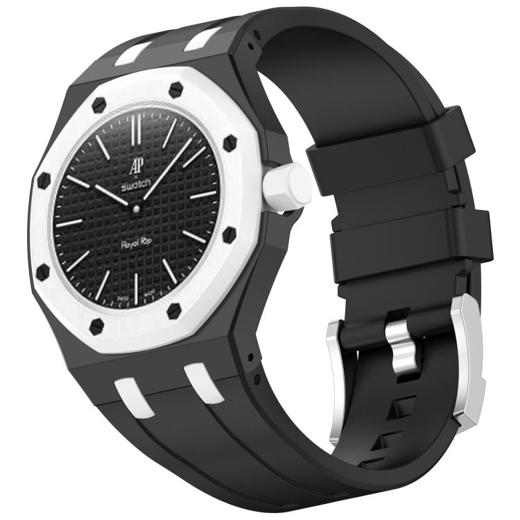 Silikoniranneke Swatch Royal Pop / Audemars Piguet -kelloihin / silikoniranneke tappilukolla – Musta/Valkoinen