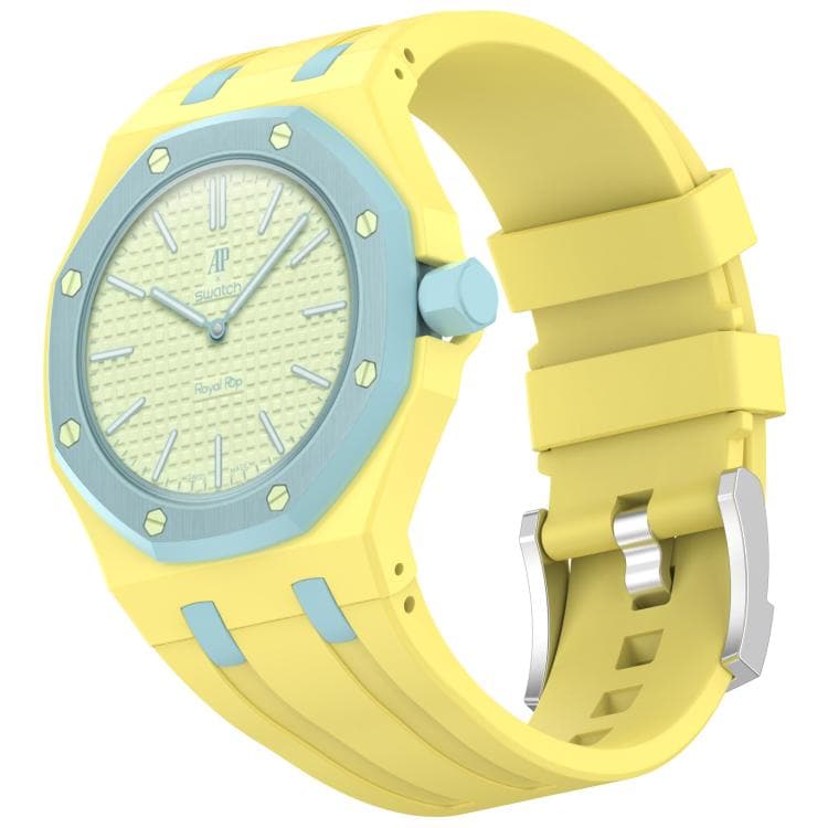Silikoniranneke Swatch Royal Pop / Audemars Piguet -kelloihin / silikoniranneke tappilukolla – Keltainen/Sininen