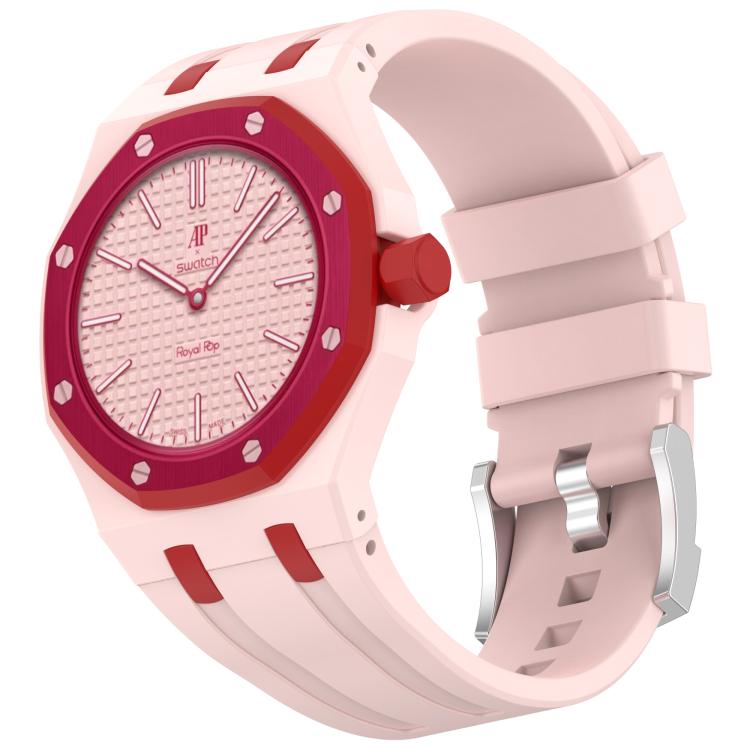 Silikoniranneke Swatch Royal Pop / Audemars Piguet -kelloihin tappilukolla – Vaaleanpunainen/Punainen