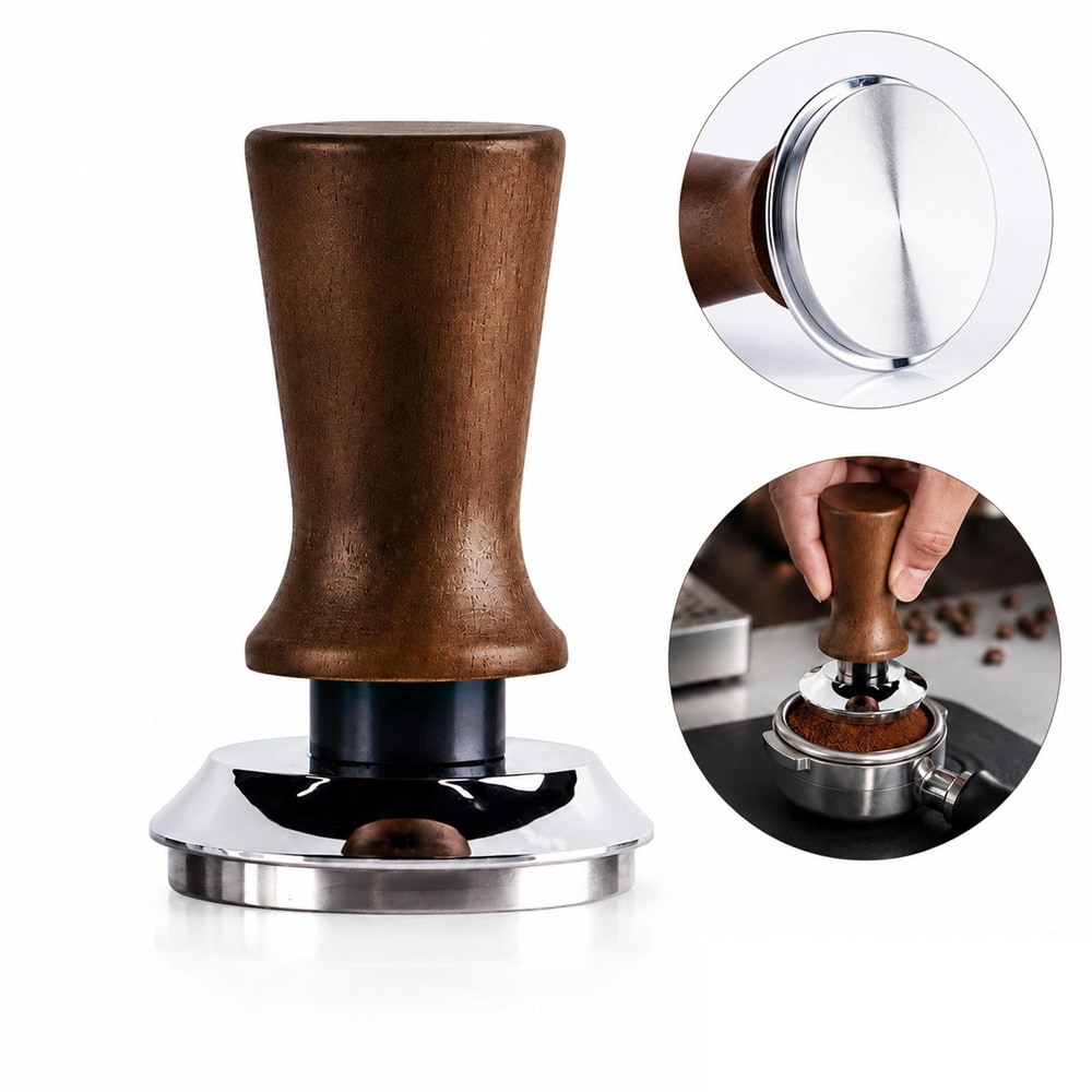 58 mm:n ruostumattomasta teräksestä valmistettu kahvipakkaus, jossa on puukahva, tasainen pohja / Espressopakkaus / Kahvipuristin
