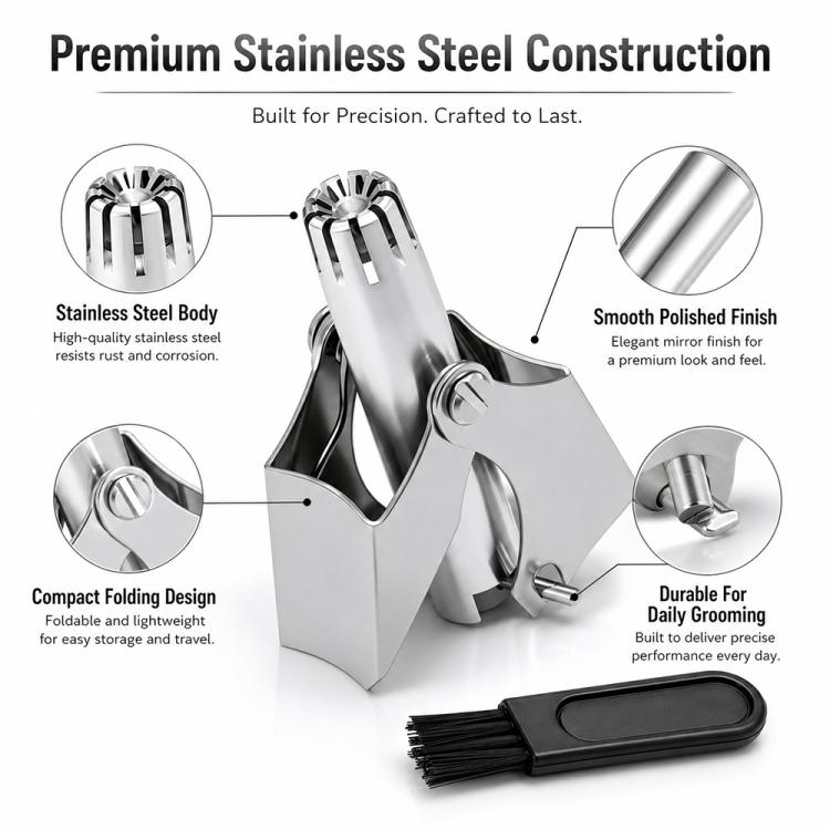 Käsikäyttöinen ruostumattomasta teräksestä valmistettu nenäkarvatrimmeri – Hopea / Paristoton nenäkarvatrimmeri / Matkatrimmeri
