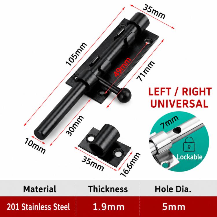 Ruostumattomasta teräksestä valmistettu lukko, 10 cm – Svart / Liukukisko / Oven salpa