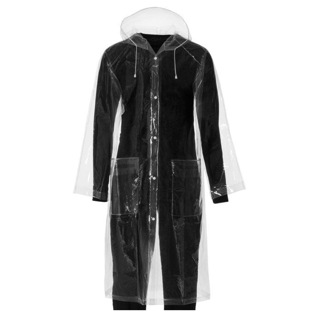 EVA Transparent -sadetakki / Läpikuultava miesten sadetakki / Hupullinen ja taskuilla varustettu sadetakki