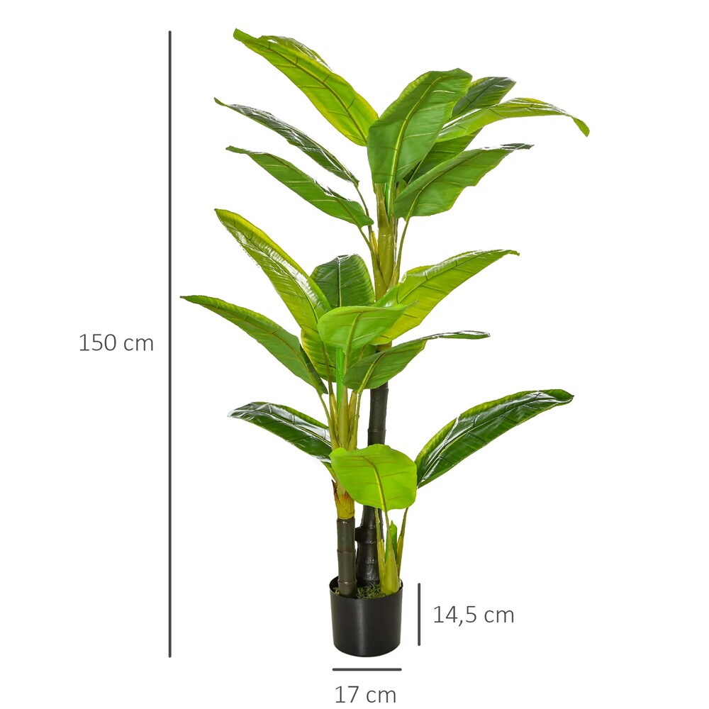 Tekokasvi banaanipuu 150 cm – 18 lehteä, ruukku ja koristesammal, vihreä