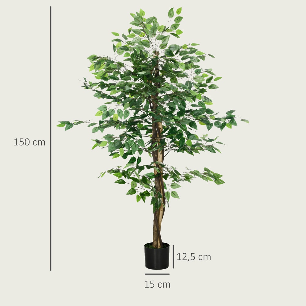 Keinotekoinen fiikuspuu 150 cm – 882 lehteä, ruukku ja tekosammal, sisä- ja ulkokäyttöön