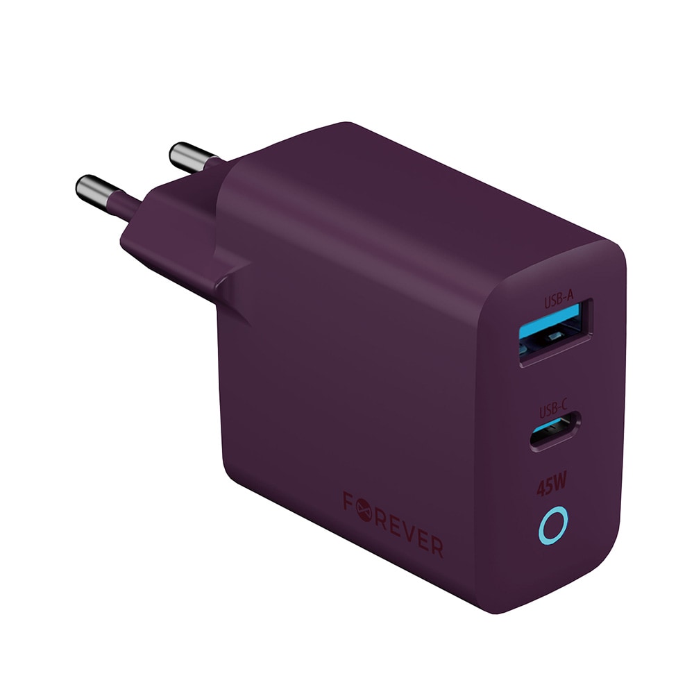 Forever Vibe -seinälaturi, GaN PD QC, 1x USB-C, 1x USB, 45 W – tumma kirsikka / Pikalaturi