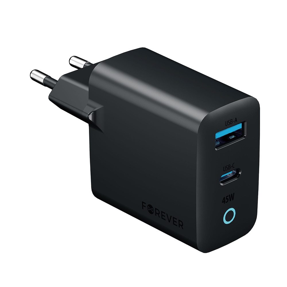 Forever Vibe -seinälaturi, GaN PD QC -laturi, 1x USB-C, 1x USB, 45 W – tummanharmaa / Pikalaturi