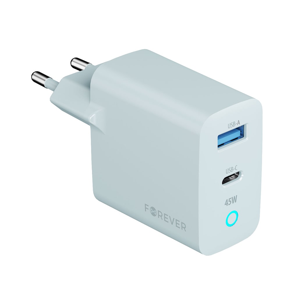 Forever Vibe -seinälaturi, GaN PD QC -laturi, 1x USB-C, 1x USB, 45 W – – hopea / pikaluja