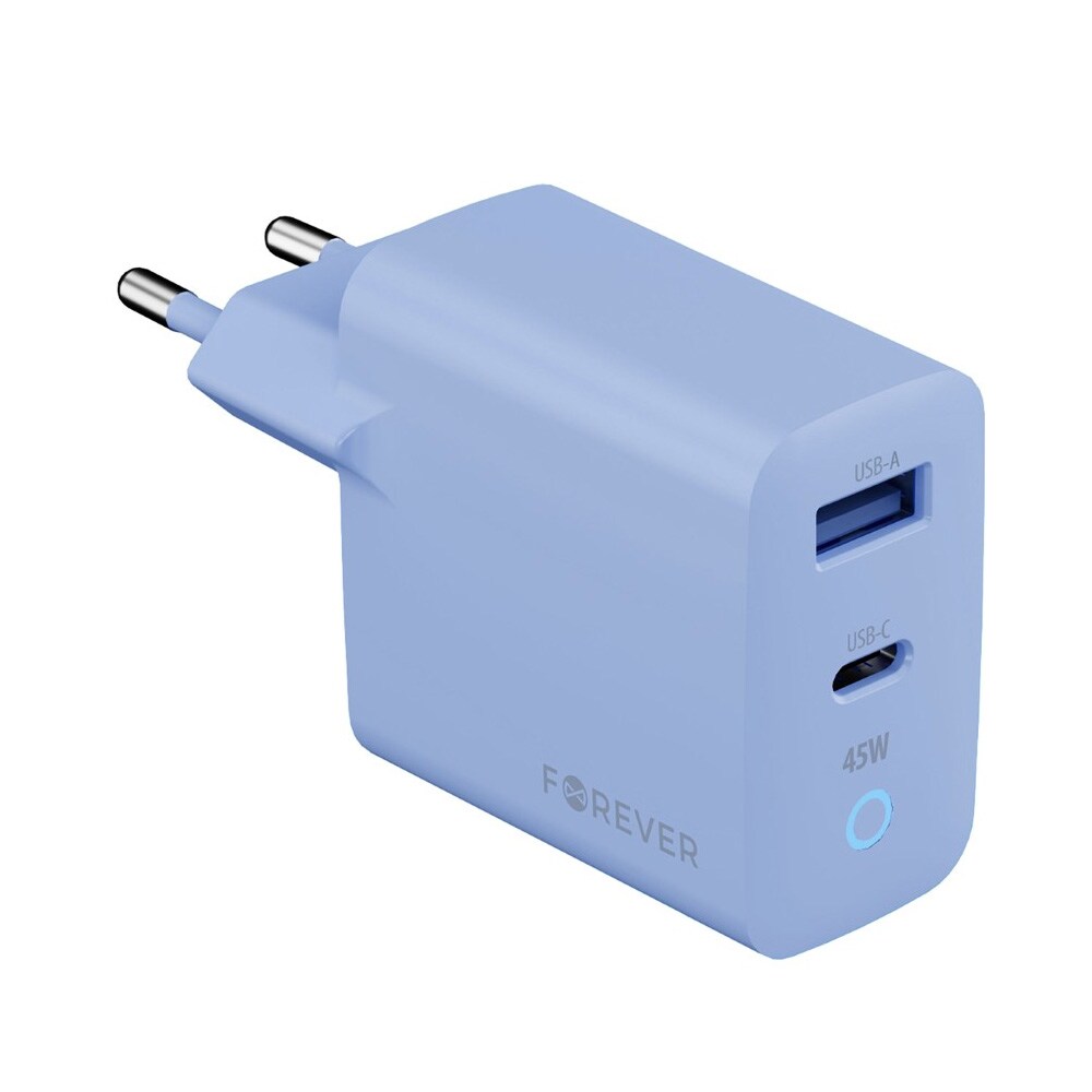 Forever Vibe -seinälaturi, GaN PD QC -laturi, 1x USB-C, 1x USB, 45 W – sininen / Pikalaturi
