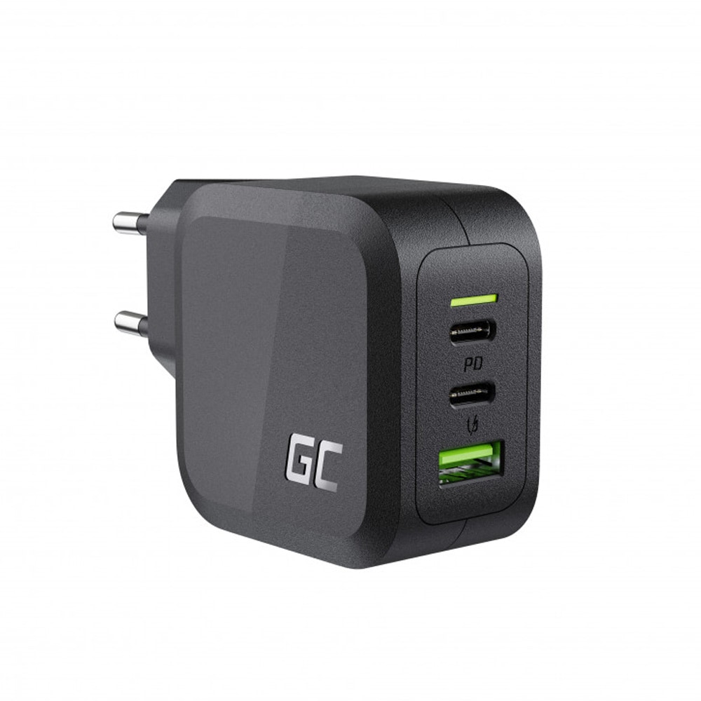 Green Cell PowerGaN 65 W:n seinälaturi, jossa on 2 x USB-C- ja 1 x USB QC 3.0 -liitäntä / GaN-laturi / USB-C-laturi