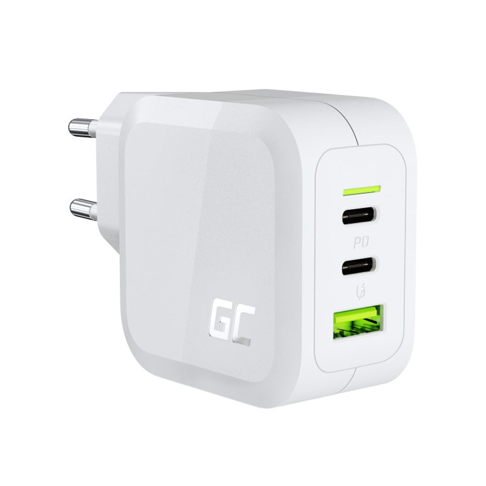 Green Cell PowerGaN 65 W:n seinälaturi, 2 x USB-C ja 1 x USB QC 3.0 – Valkoinen / GaN-laturi / USB-C-laturi