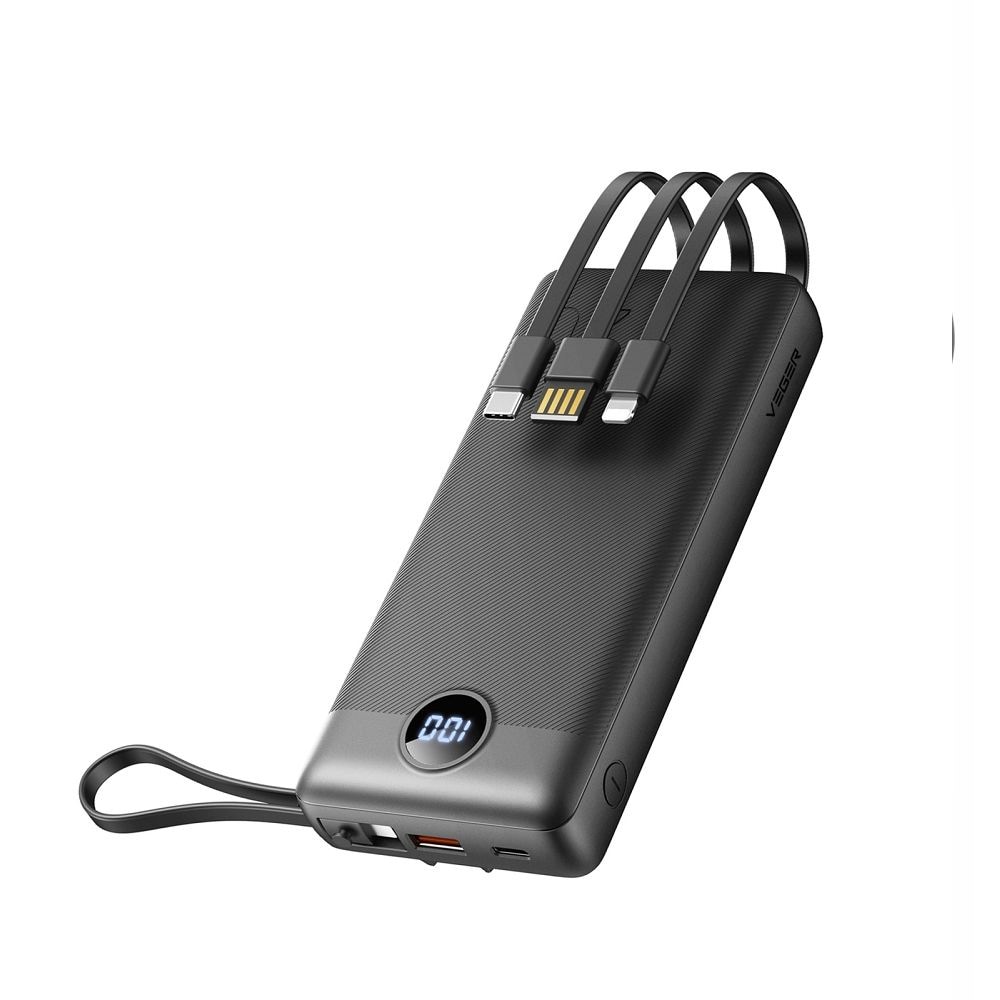 Veger C20 W2047/W2059 20 000 mAh:n varavirtalähde, jossa on micro-USB/USB-C/Lightning-kaapeli – Svart / Varaparisto