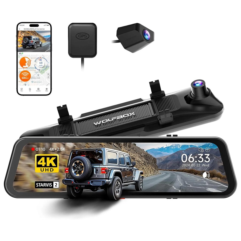 Wolfbox G900Pro digitaalinen taustapeili 12" 4K-autokameralla, GPS:llä ja WiFillä