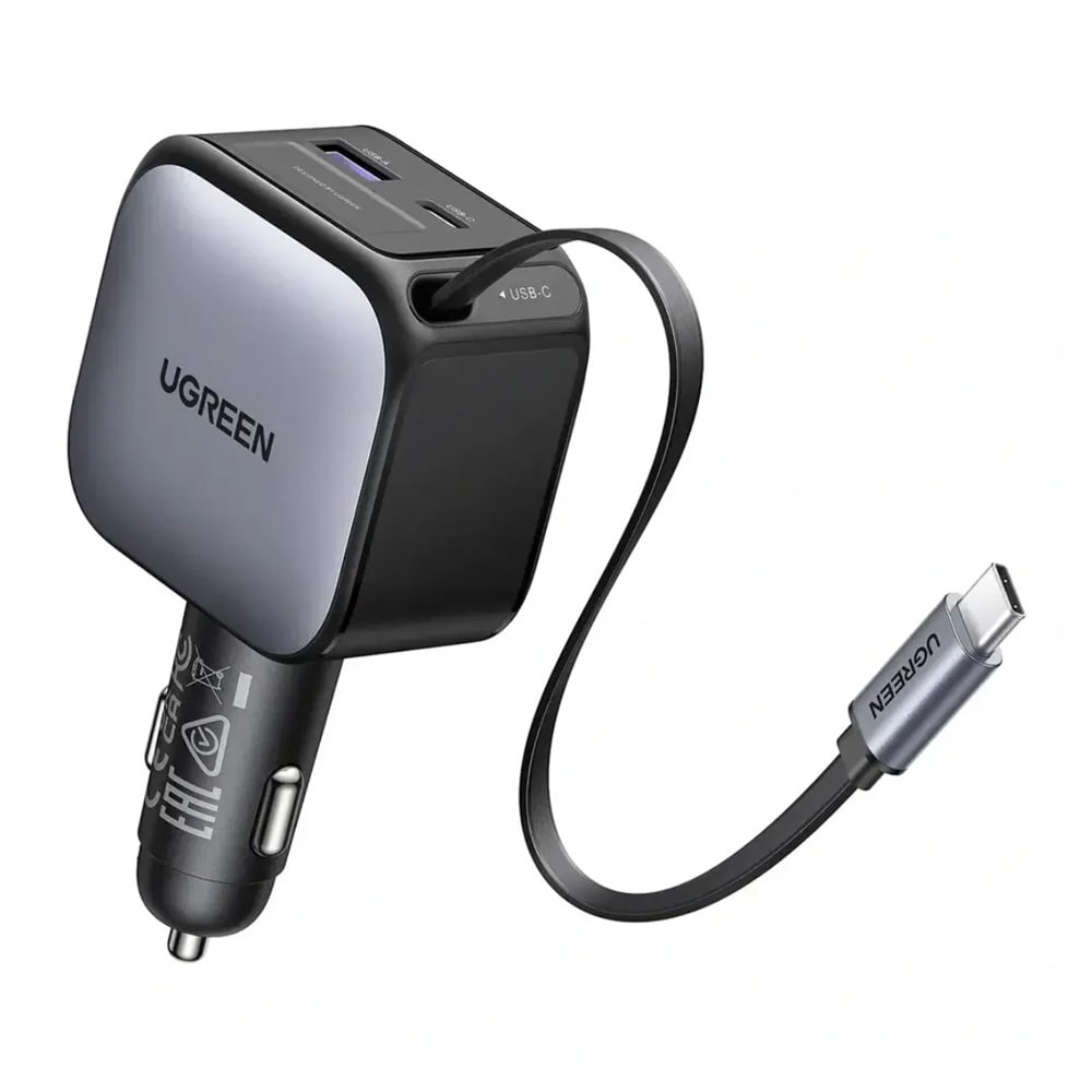 Ugreen EC602 autolaturi 60 W / USB-laturi ulosvedettävällä USB-C-kaapelilla ja 3 lähdöllä – Harmaa
