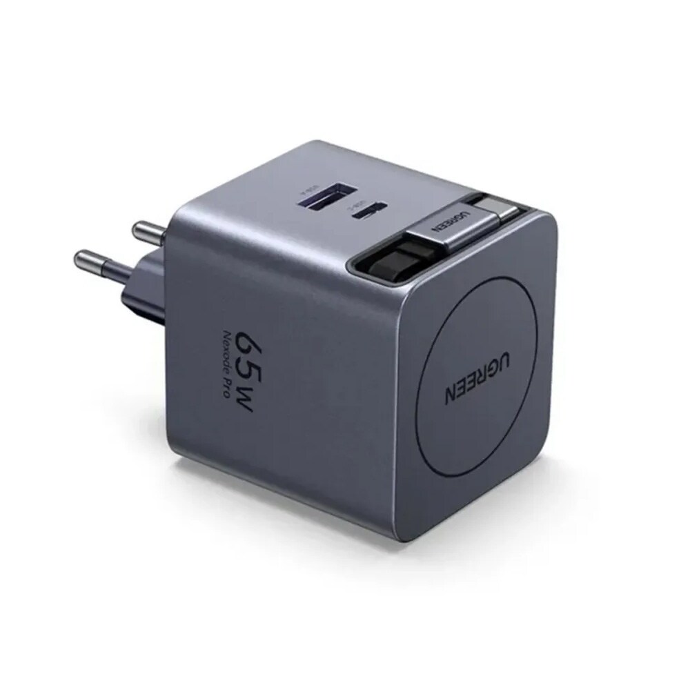 UGREEN Nexode Pro X615 65 W GaN USB-C -laturi – sisäänkelautuva USB-C-kaapeli, 3-porttinen, harmaa