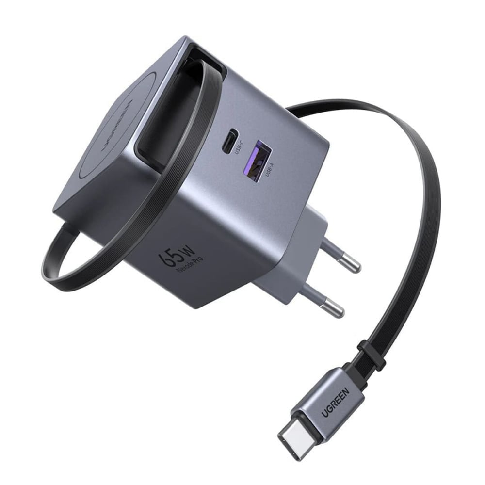 UGREEN Nexode Pro X615 65 W GaN USB-C -laturi – sisäänkelautuva USB-C-kaapeli, 3-porttinen, harmaa