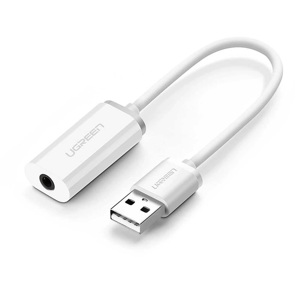 Ugreen US206 USB–3,5 mm -äänisovitin – valkoinen / Ulkoinen USB-äänikortti / Kuulokeliitin