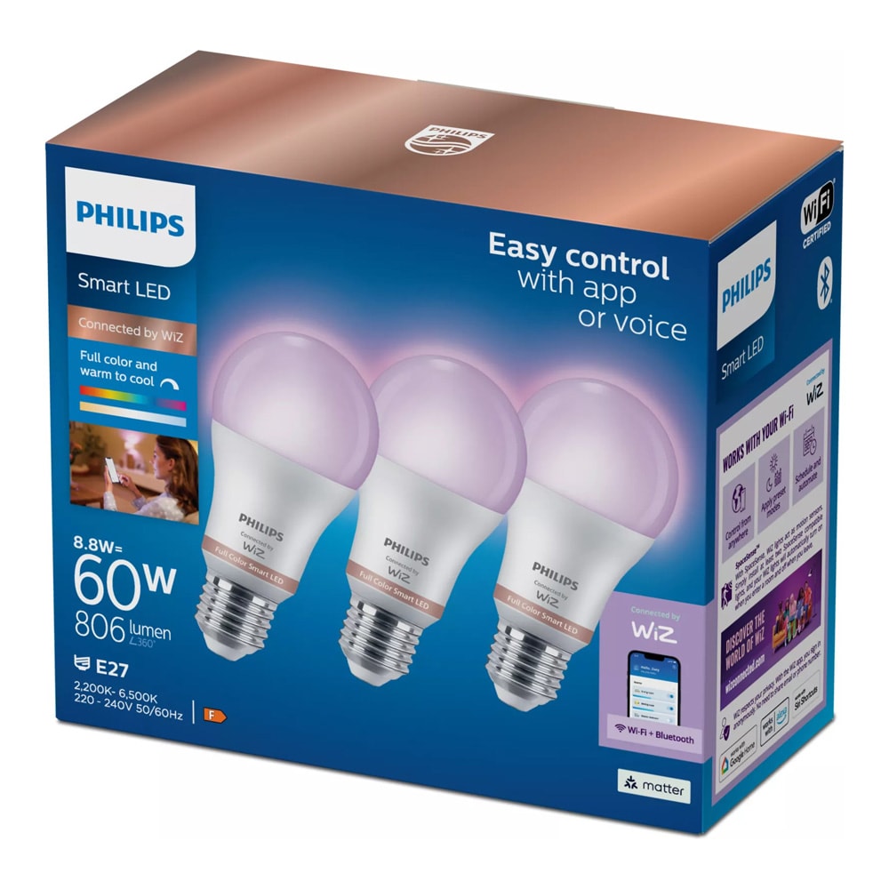 Philips WiZ älylamppu E27 RGB LED 806 lm, 8,5 W – WiFi, 3 kpl