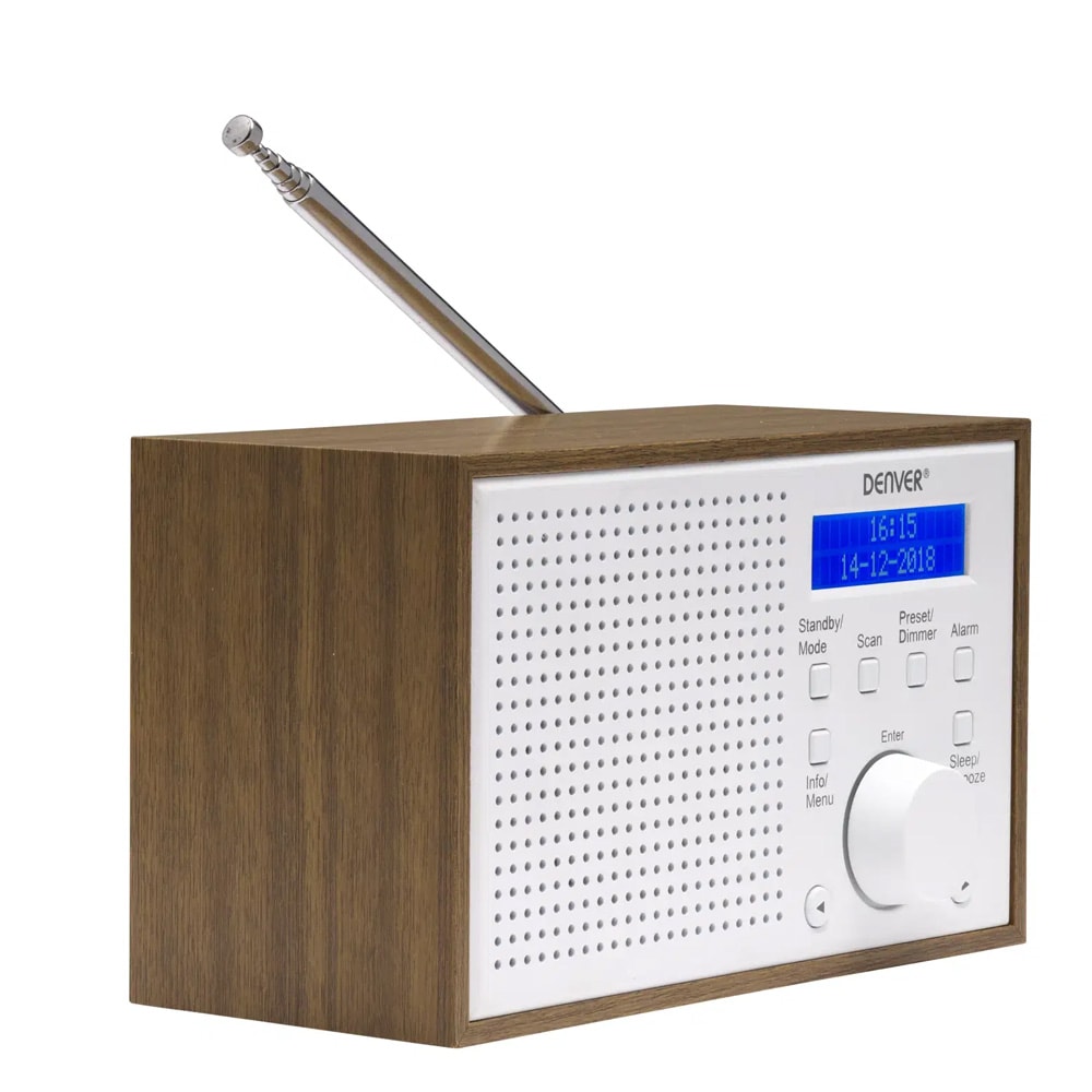 Denver DAB-46DW Kannettava DAB/FM-radio herätyskellolla ja LCD-näytöllä – Valkoinen