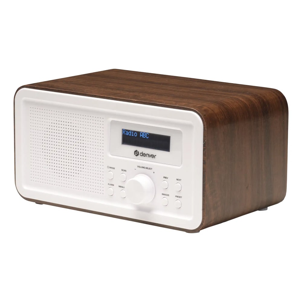 Denver DAB-30DW Kannettava DAB+/FM-radio, herätyskello, 20 kanavamuistia ja puujäljitelmä – Tumma puu