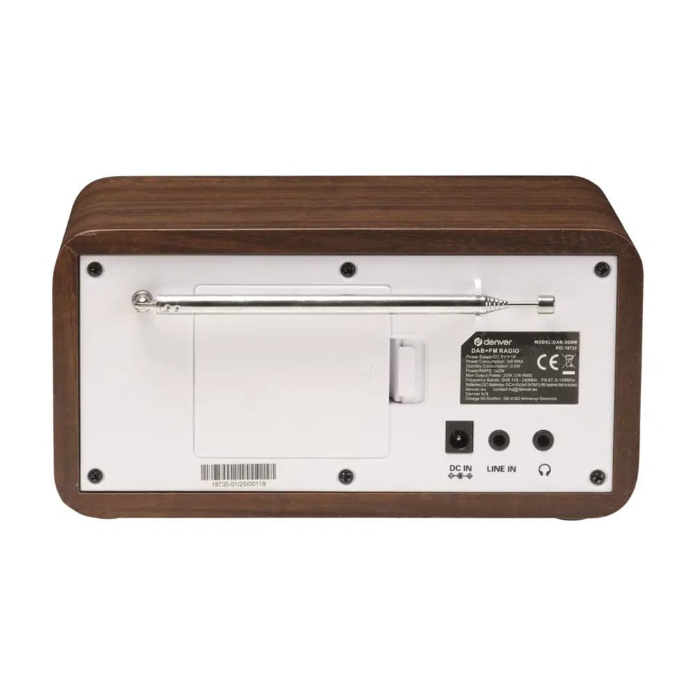 Denver DAB-30DW Kannettava DAB+/FM-radio, herätyskello, 20 kanavamuistia ja puujäljitelmä – Tumma puu