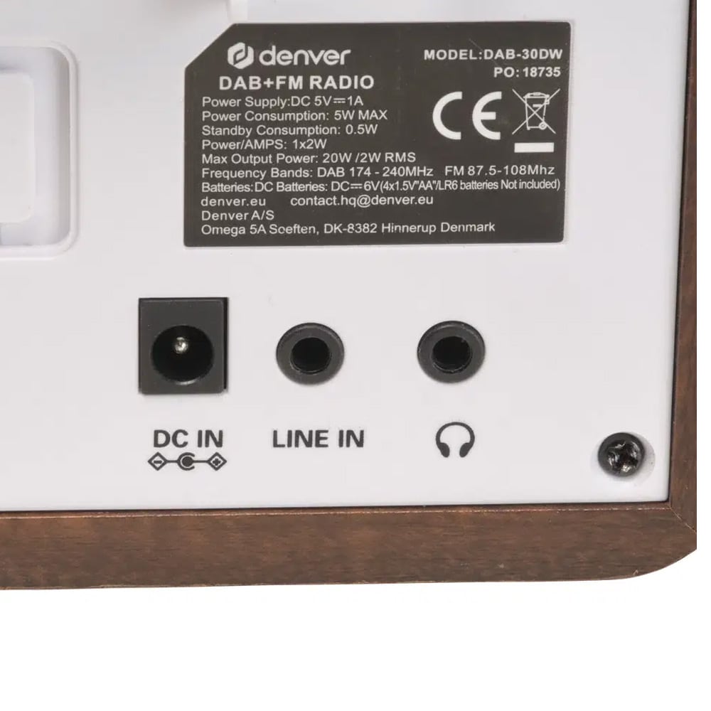 Denver DAB-30DW Kannettava DAB+/FM-radio, herätyskello, 20 kanavamuistia ja puujäljitelmä – Tumma puu